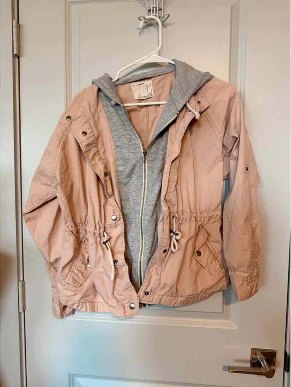 Life in Progress Pink Cotton Jacket with Gray Hooded Inner Layer, Size M